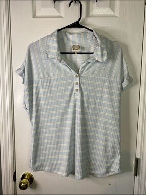Trueself Light Blue Striped Polo Shirt - Casual Women's Top Size Medium.